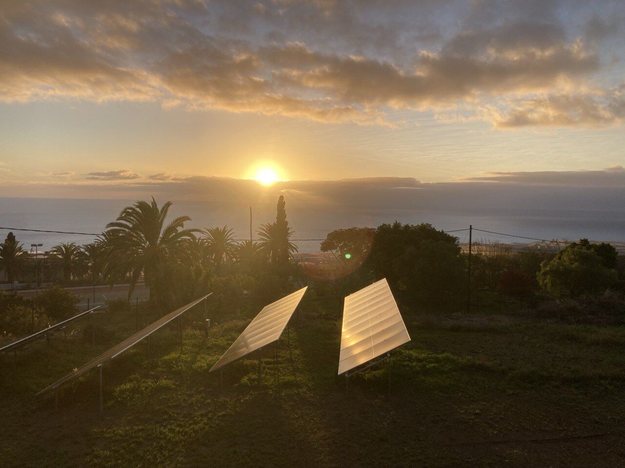 Solarpaneele auf dem Gelände im Gegenlicht des Sonnenuntergangs