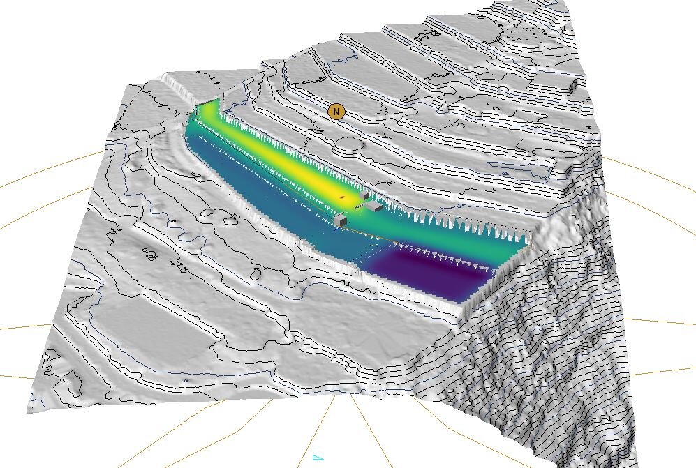 3D-Windsimulation über dem terrassierten Gelände